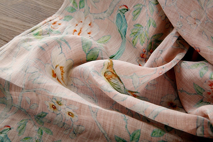 HUAGYING Bilttle Bird Floral Print Vintage Peach Pink Ramie fabric for designers By the Yard