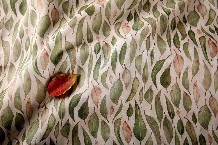 QIANLIU Vintage Leaves Printed Ramie fabric By the Yard