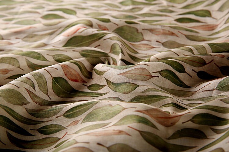 QIANLIU Vintage Leaves Printed Ramie fabric By the Yard