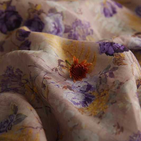 ZIWEI Purple Roses Floral Printed Ramie Fabric By the Yard