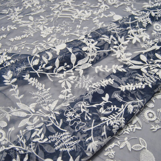 HAIKUO - Navy Blue Embroidered Silk Organza Fabric - 130cm wide by the Yard