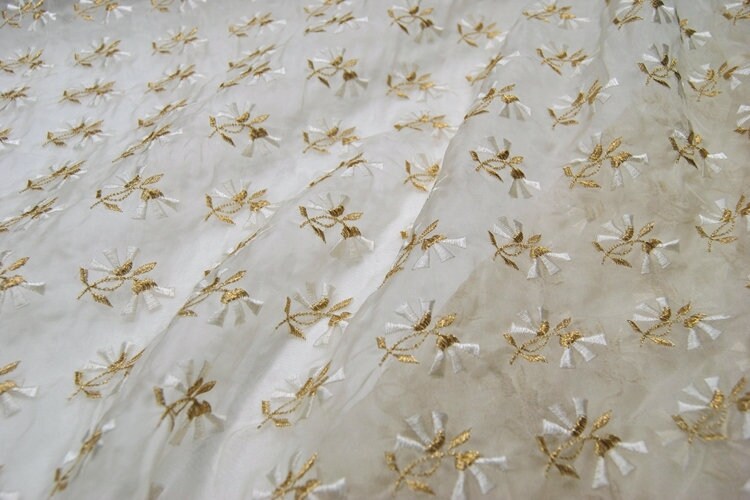 Beautiful flower Embroidered Silk Organza Fabric-By the Yard
