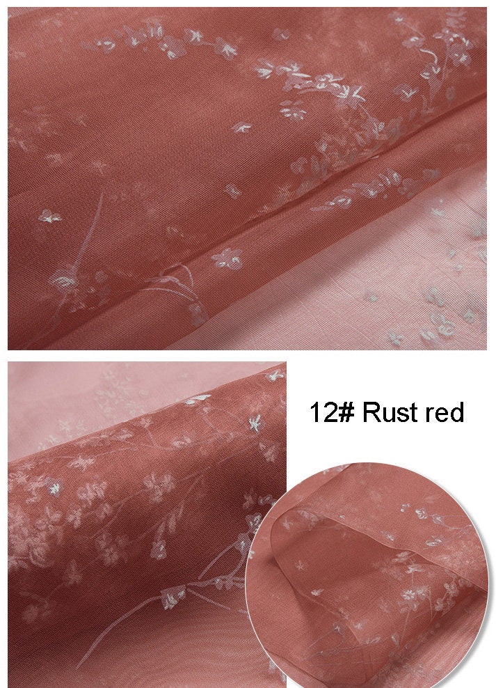12 Colors Floral Print Stiff Structured Grid Cloth Silk Organza Fabric - By the Yard