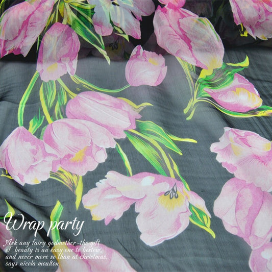 YUJINXIANG - 5 Momme Pink Tulip Print Crinkled Silk Georgette Fabric - 135cm wide by the Yard