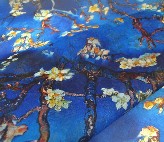 XINGHUA - 8 Momme Blue Silk Organza with Floral Print Silk Fabric - 130cm wide By the Yard