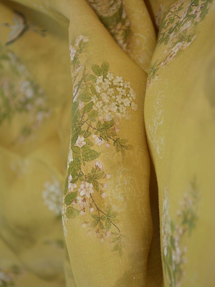 Flower Print Yellow Ramie Fabric By the Yard