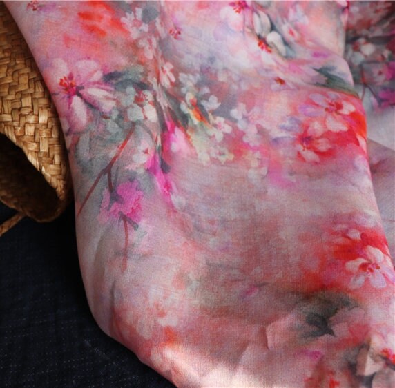 AOMEI - Plum Blossom Print Pink Ramie Fabric-By the Yard
