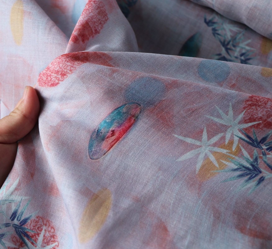 FENZHU - Floral Print Ramie Fabric-By the Yard