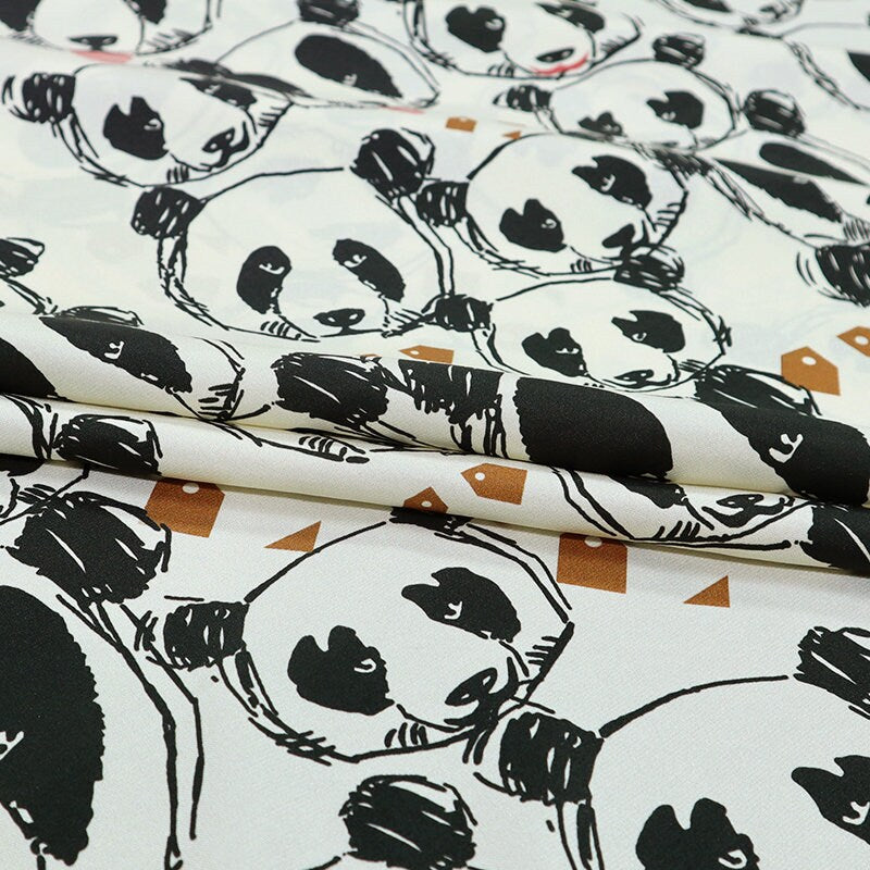 Panda Print Stretch Silk Satin Fabric By the Yard