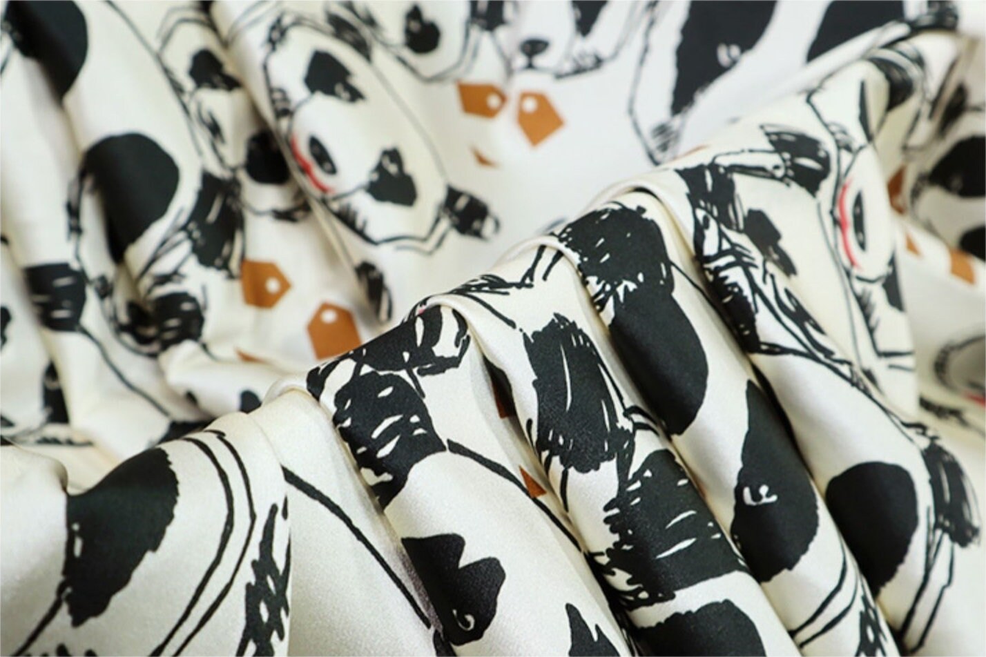 Panda Print Stretch Silk Satin Fabric By the Yard