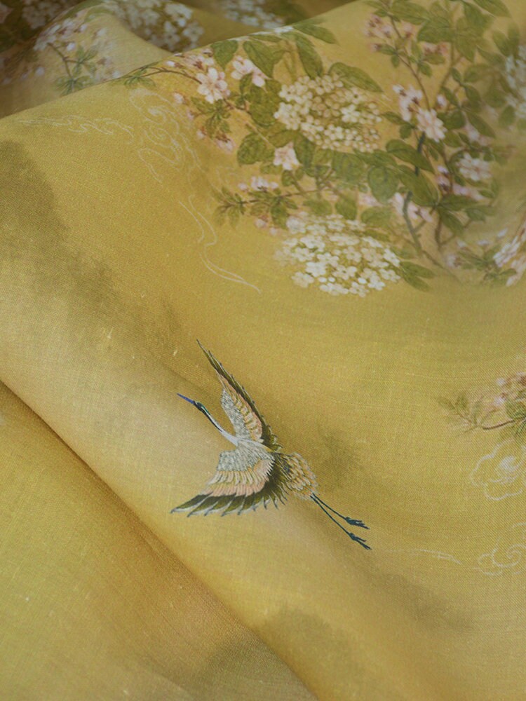 Flower Print Yellow Ramie Fabric By the Yard
