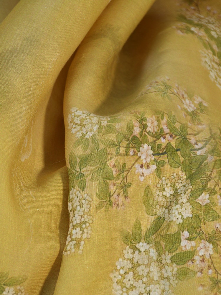 Flower Print Yellow Ramie Fabric By the Yard