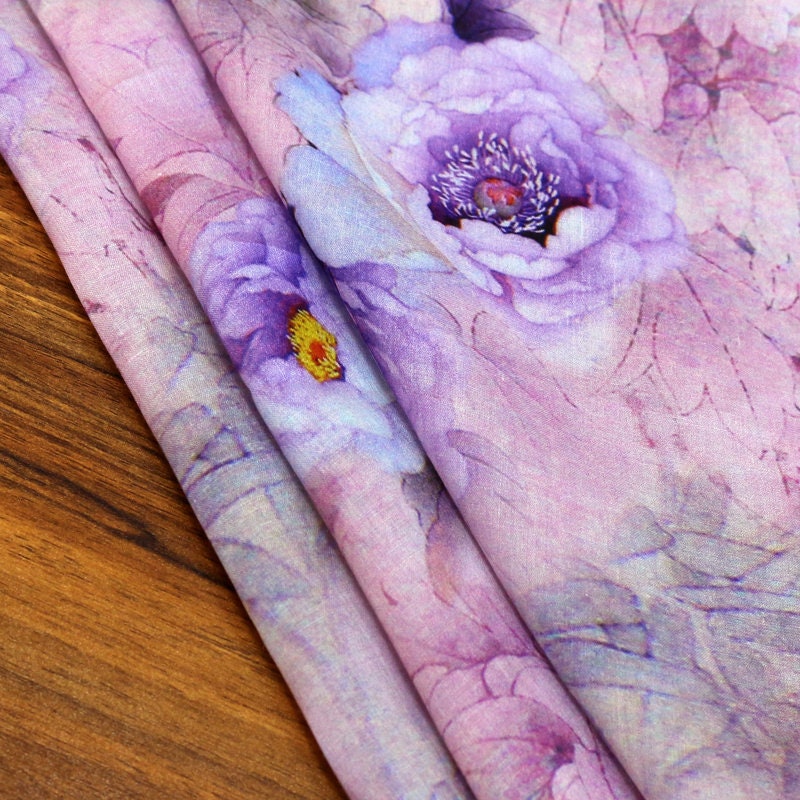 Peony Floral Print Ramie Fabric By the Yard