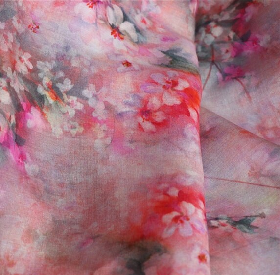 AOMEI - Plum Blossom Print Pink Ramie Fabric-By the Yard
