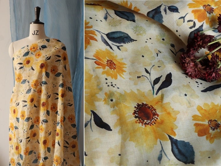 SHUICAIKUI Watercolor Sunflower Print Ramie Fabric By the Yard