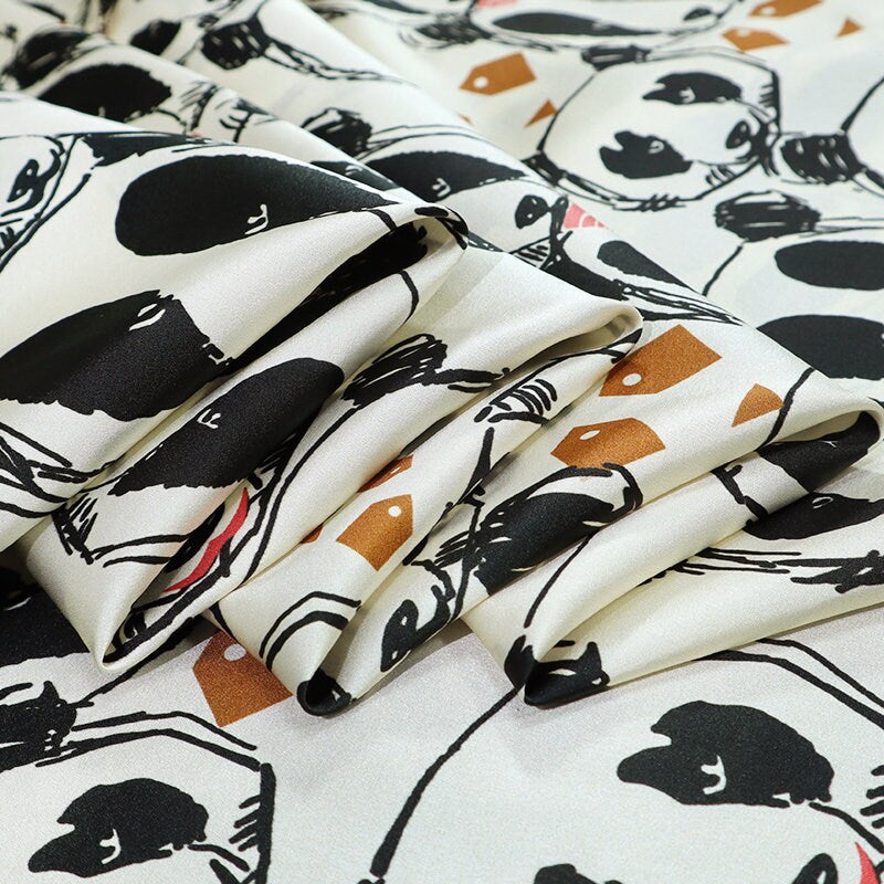 Panda Print Stretch Silk Satin Fabric By the Yard