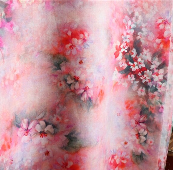 AOMEI - Plum Blossom Print Pink Ramie Fabric-By the Yard