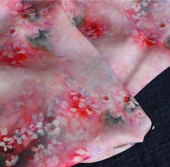 AOMEI - Plum Blossom Print Pink Ramie Fabric-By the Yard