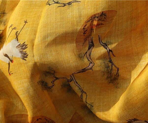 SONGHE - Pine Crane Printed Ramie Fabric-By the Yard