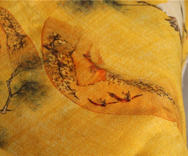 SONGHE - Pine Crane Printed Ramie Fabric-By the Yard