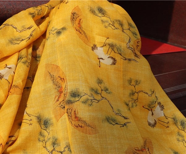 SONGHE - Pine Crane Printed Ramie Fabric-By the Yard