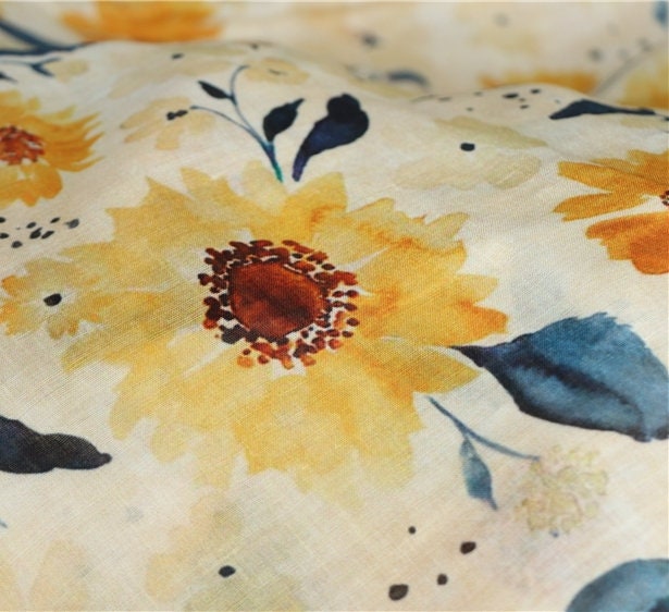 SHUICAIKUI Watercolor Sunflower Print Ramie Fabric By the Yard