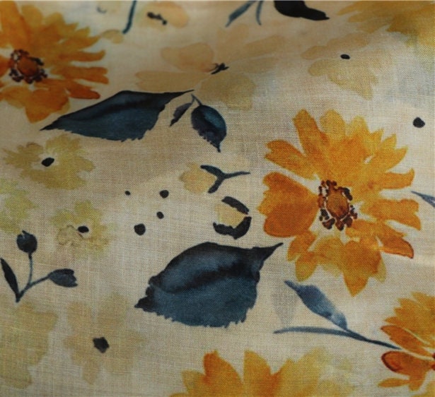 SHUICAIKUI Watercolor Sunflower Print Ramie Fabric By the Yard