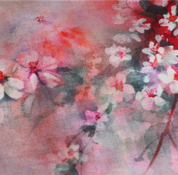 AOMEI - Plum Blossom Print Pink Ramie Fabric-By the Yard