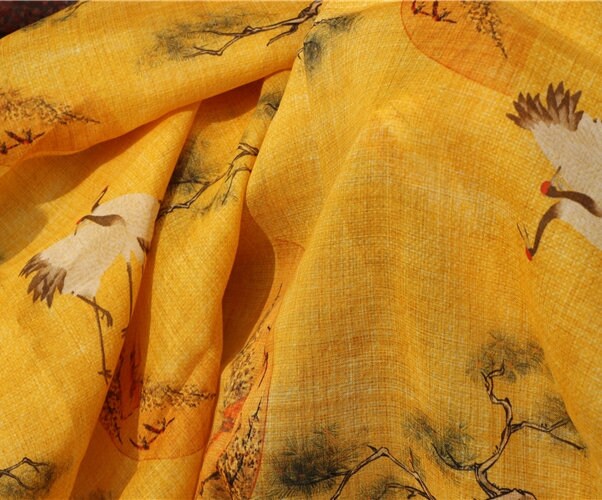 SONGHE - Pine Crane Printed Ramie Fabric-By the Yard