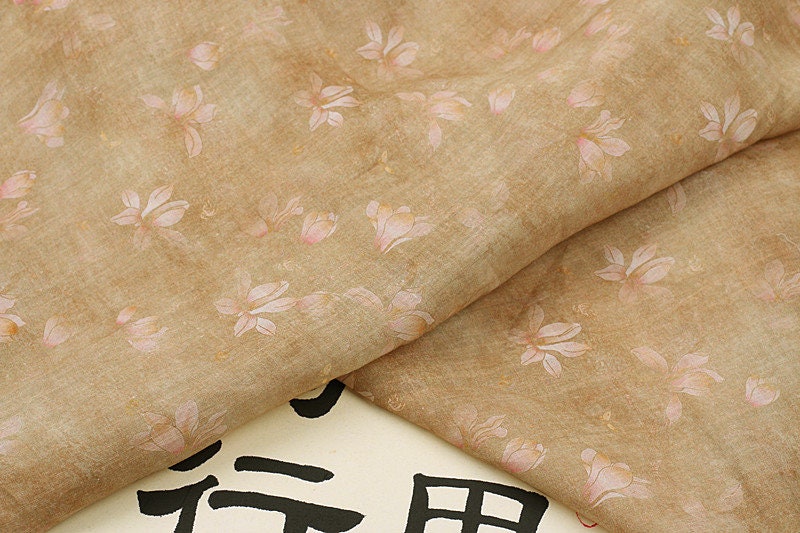 QINGHUANG - Flowers Print Ramie Fabric - 140cm wide by the Yard