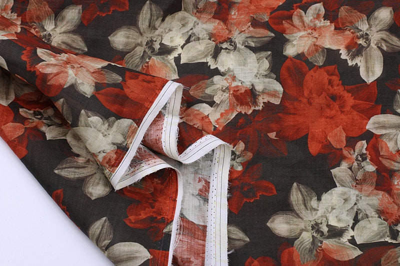 CHUHONG - Flowers Print Ramie Fabric - 140cm wide by the Yard