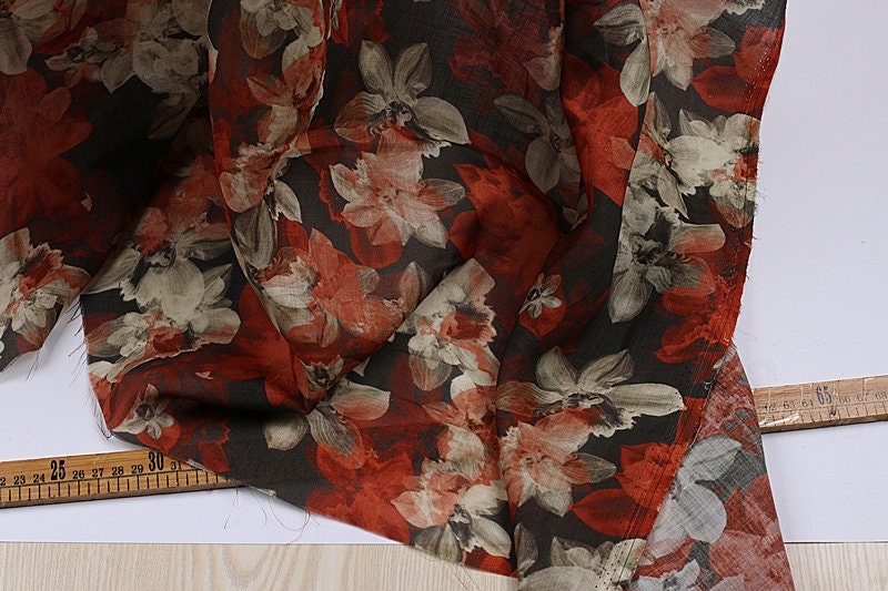 CHUHONG - Flowers Print Ramie Fabric - 140cm wide by the Yard