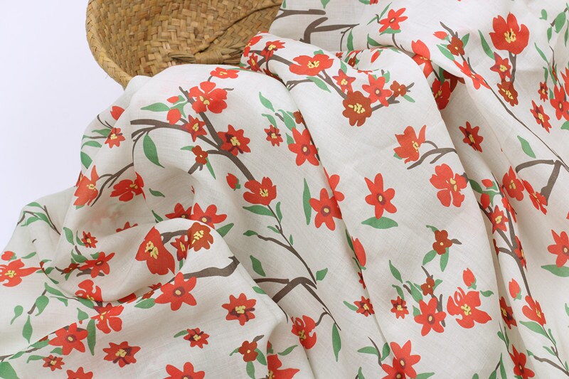QINGSHUANG - Flowers Print Ramie Fabric - 140cm wide by the Yard