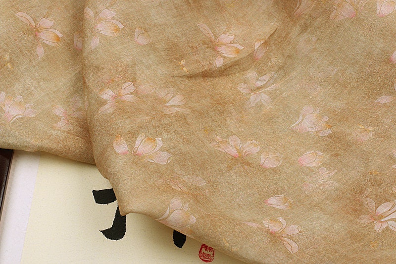 QINGHUANG - Flowers Print Ramie Fabric - 140cm wide by the Yard